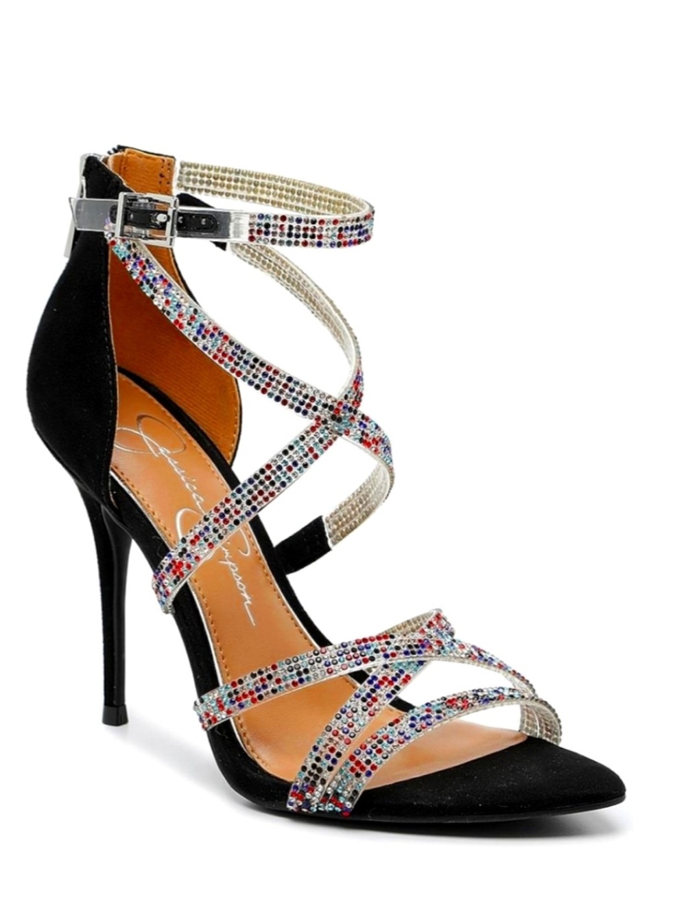 Jessica Simpson Black Multicolor Wylanne Black Multi-Strap Crystal Heels